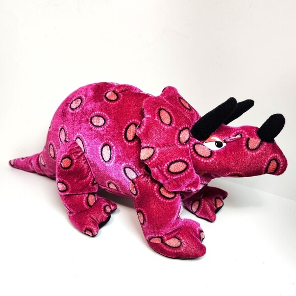 Retro Triceratops Dinosaur Plush Toy B. J. Toy HTF Color Pink Orange Spots 18" - Picture 2 of 8